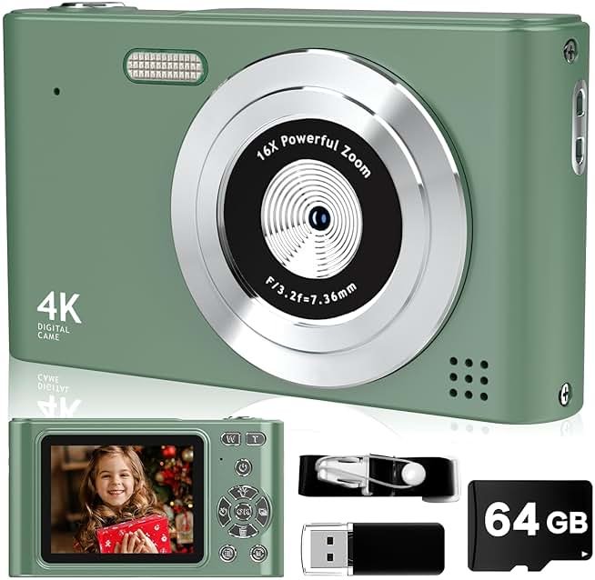 Digital Camera, 44MP Full HD 1080P Point and Shoot Camera with 64GB Card, Anti Shake 16X Zoom Compact Volg Cameras, Portable Small Camara Gift for Kids, Ages Teen Girl Boy - Green - Product Image