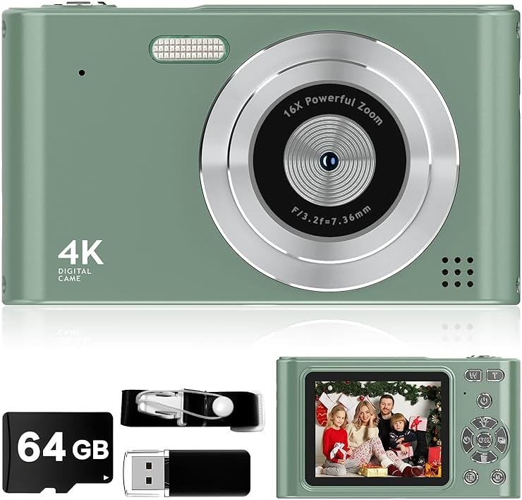 Digital Camera - 1080P Vlog Camera, 44MP Compact, 16X Zoom, Anti-Shake, Green Gift for Kids - Product Image