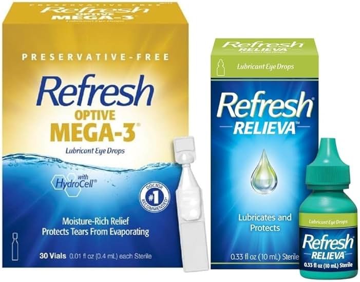 Refresh Optive Mega-3 Lubricant Eye Drops, Preservative-Free, 30-0.01 Fl Oz Single-Use Containers + Relieva Lubricant Eye Drops, 0.33 Fl Oz, Packaging May Vary - Product Image