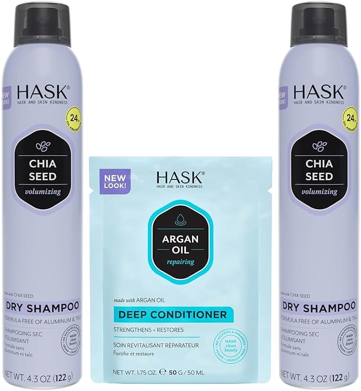HASK Chia Seed Volumizing Dry Shampoo Duo (4.3oz-Qty 2) & Argan Oil Repairing Deep Conditioner Packette, Aluminum-Free, Sulfate-Free, Paraben-Free, Color Safe, for All Hair Types - Product Image