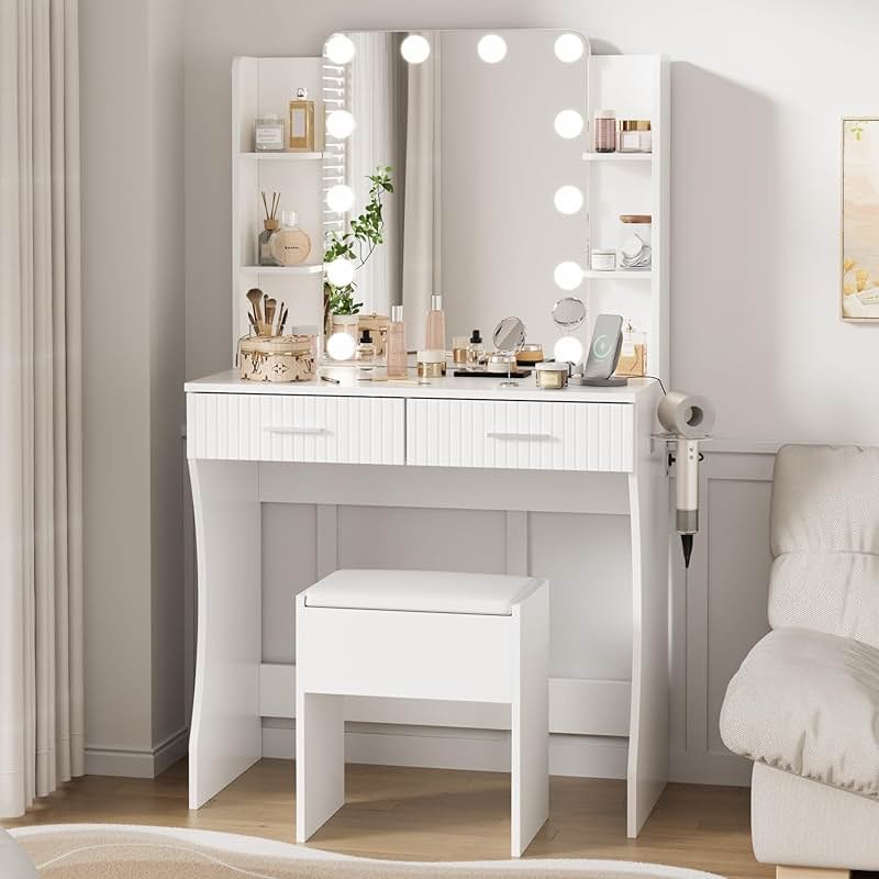 Otterease Vanity Desk with LED Lighted Mirror, Makeup Vanity with 3 Adjustable Lights, 2 Large Drawers and 4 Open Shelves, White Vanity with Storage Stool for Bedroom - Product Image