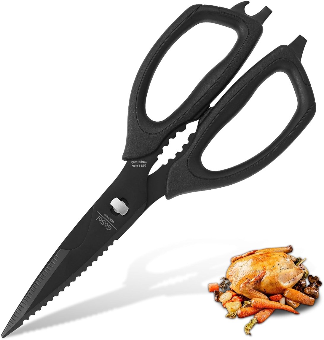Kitchen Shears Come Apart Kitchen Scissors for Food Heavy Duty Chicken Bone Fish Nutcracker Can Opener Shears with Serrated Blade Premium Black Titanium Plated Stainless Steel 02A - Product Image