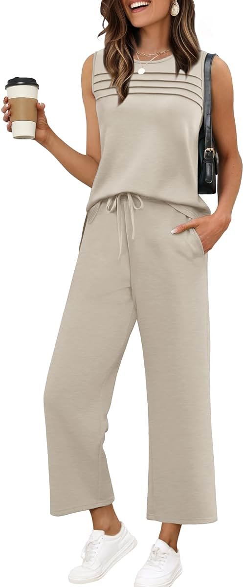 WIHOLL Two Piece Sets for Women Summer Outfits Matching Lounge Sets Wide Leg Crop Pants Vacation Travel - Product Image