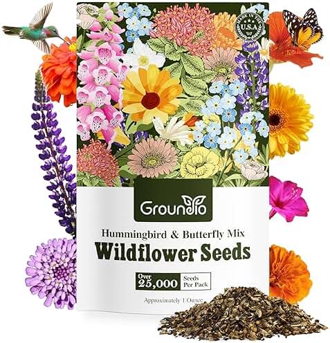 Groundio Wildflower Seeds Mix 25,000+, 24 Varieties Perennial & Annual Seeds,1 Oz, for Hummingbirds and Butterflies, High Germination Flower Seeds Throw and Grow to Plant Outside, No Filler - Product Image