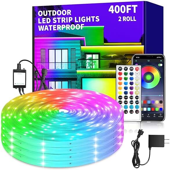 vimeepro 400ft Outdoor Waterproof Led Strip Light,IP68 Waterproof Led RGB Light with IR Remote&App Control,Music Sync and Color Changing LED Rope Light for Bedroom,Roof,Pool,Balcony（2 Rolls of 200ft） - Product Image