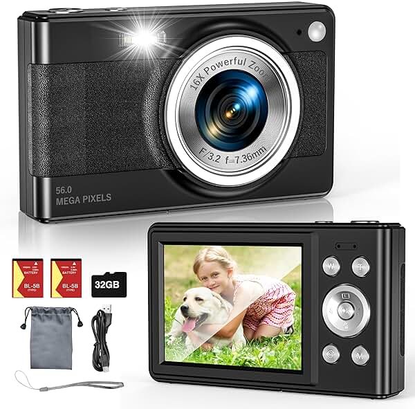 Upgrade Digital Camera, 56MP FHD 1080P for Kids with 16x Zoom Anti Shake, 32GB TF Card, Two Batteries, Lanyard, Compact Small for Boys Girls (Black) - Product Image