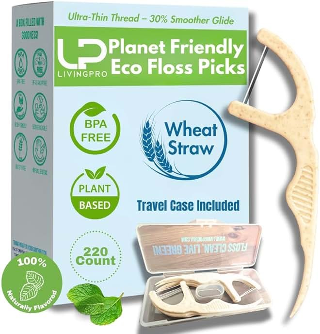 Dental Floss Picks (220 Count) – Mint Flavored Tooth Flossers, Thin Single Thread Floss, Shred-Resistant Smooth Glide for Plaque Removal, Wheat-Straw Handle | Travel Case Holds up to 10 - Product Image