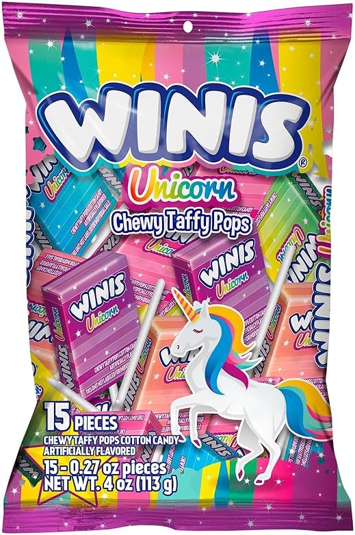 Winis Unicorn | Chewy Taffy Pops | Cotton Candy Flavored | Sharing Size 4.3 Oz Bag - 15 Pieces | Gifts, Holiday, Parties, Concessions, Pantry, Non-Melting, Party - Product Image