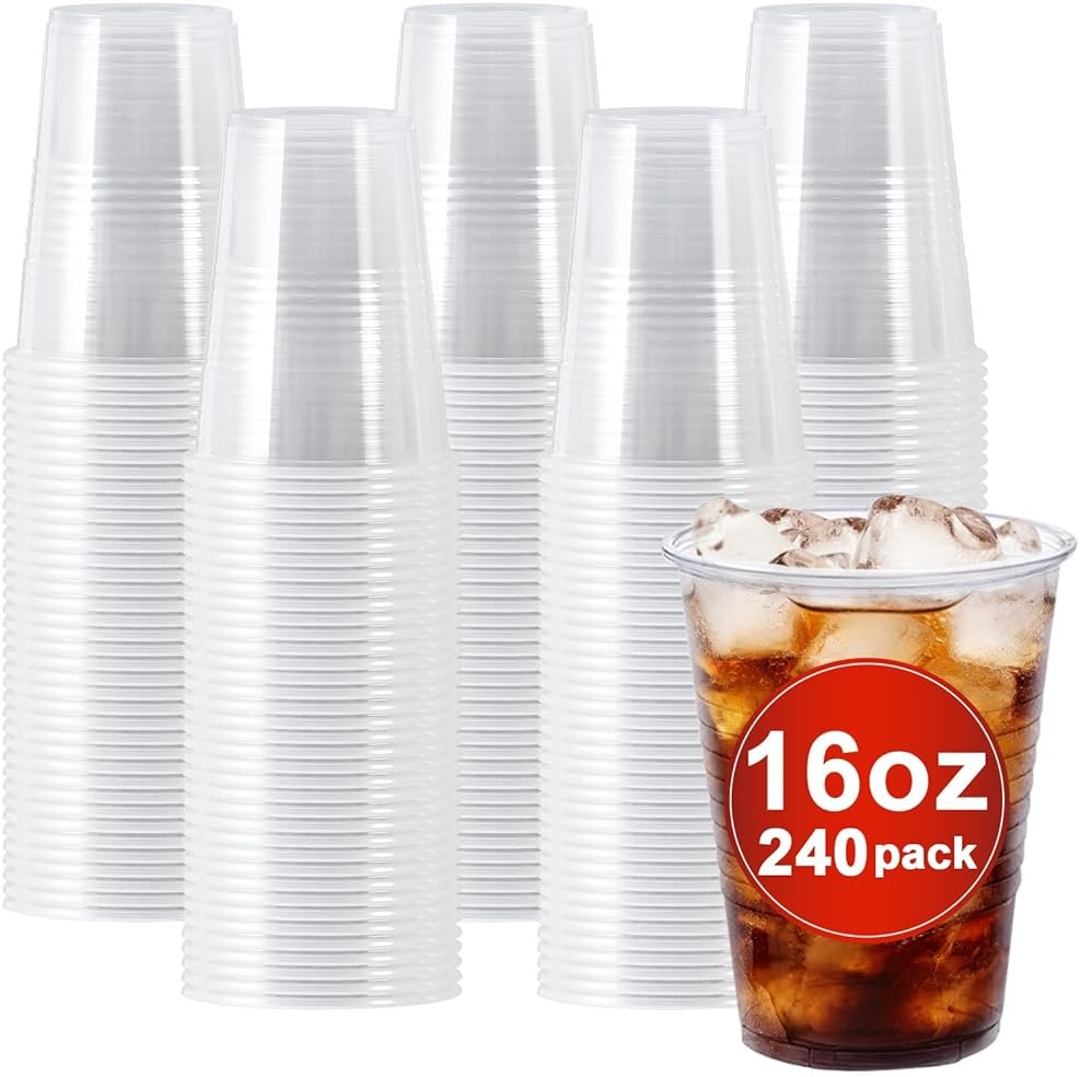 Clawsoff Plastic Cups 16 oz, 240 Pack - Clear Plastic Cups Disposable, Cold Drinking, Ice Coffee Cup for Party, Birthday, Holiday, Events & Everyday Use,Cold,Hot - Product Image