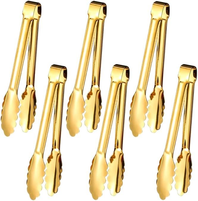6pcs Stainless Steel Serving Tongs Gold or Silver Plated 9inch Heavy Duty Durable BBQ Clamps Design for Weddings Parties Banquets Buffets Family Gatherings Kitchen Cooking Serving Clip - Product Image