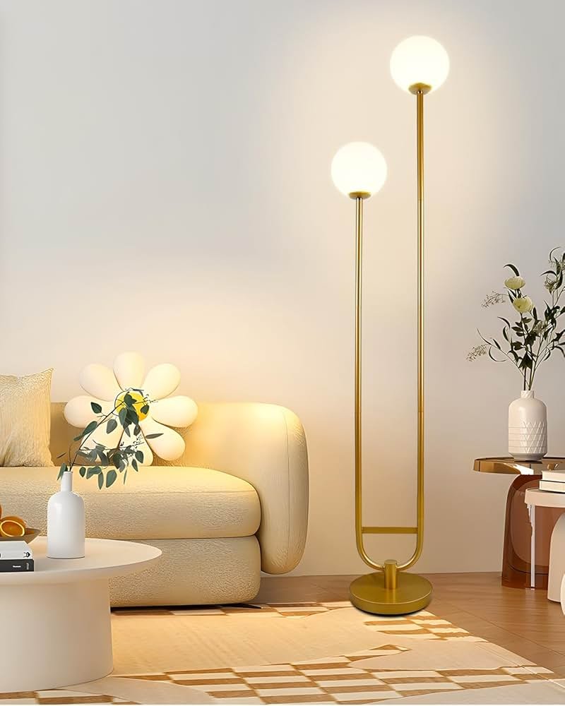Lightdot 63IN Gold Floor Lamp with Table 2 Globe Mid Century Standing Lamps with 3000K LED Bulbs Unique U-Pole Vintage Floor Lamp with 5Lbs Heavy Base for Living Room/Party/Sofa Beside/Corner Decor - Product Image