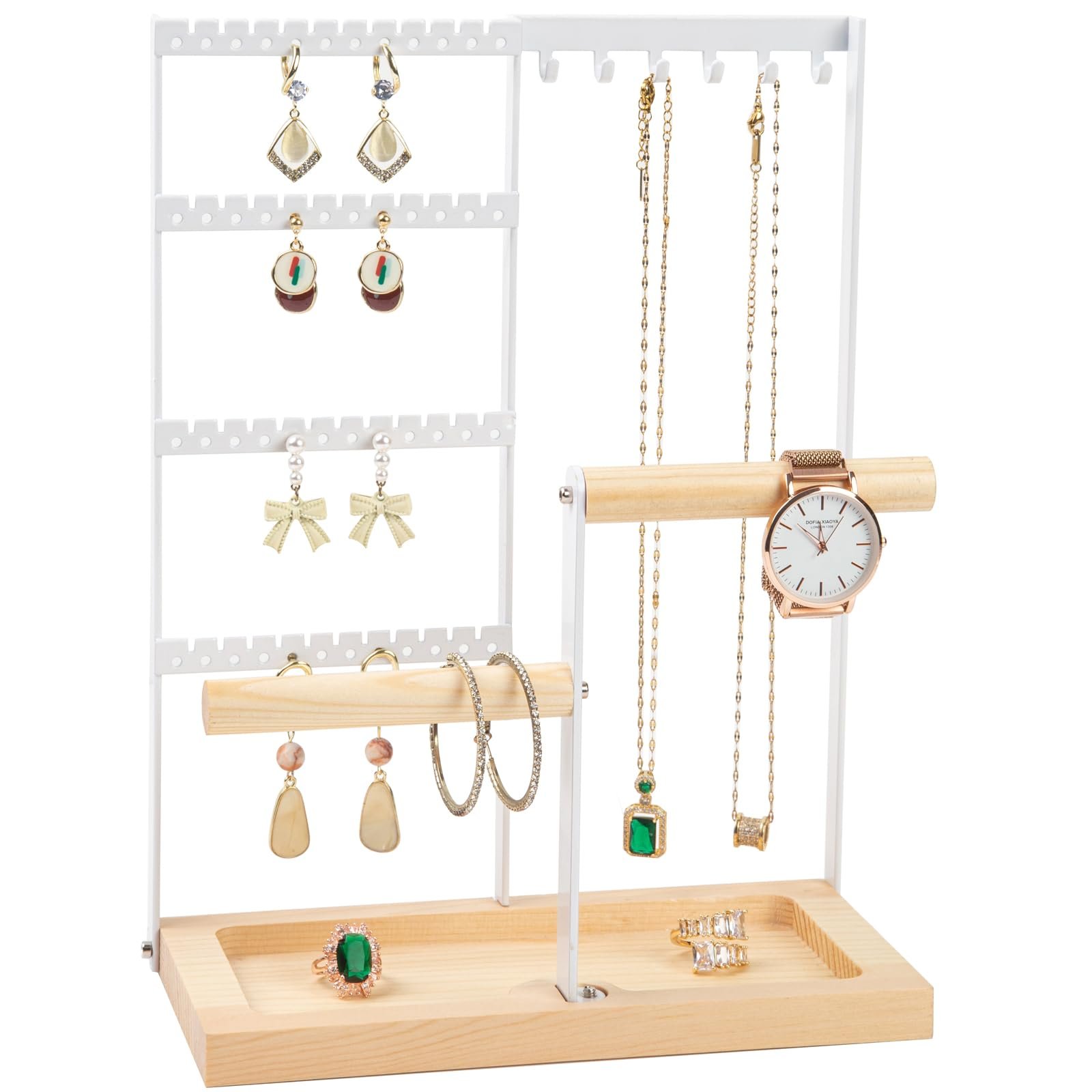 Jewelry Organizer Stand, Jewelry Holder, Lengnoy 4 Tier Earring Holder with 48 Holes and 6 Hooks Necklace Organizer Wood Box for Necklace Bracelet Earring Ring, White - Product Image