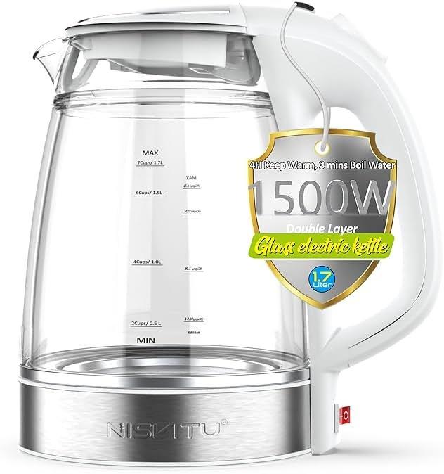NISVITU Glass & Stainless Steel Cordless Electric kettle for boiling water, Hot water boiler Electric Tea Kettle automatic shut off Boil-Dry Protection, PC Outer + Glass Inner, 1500W, 1.7L, WH - Product Image