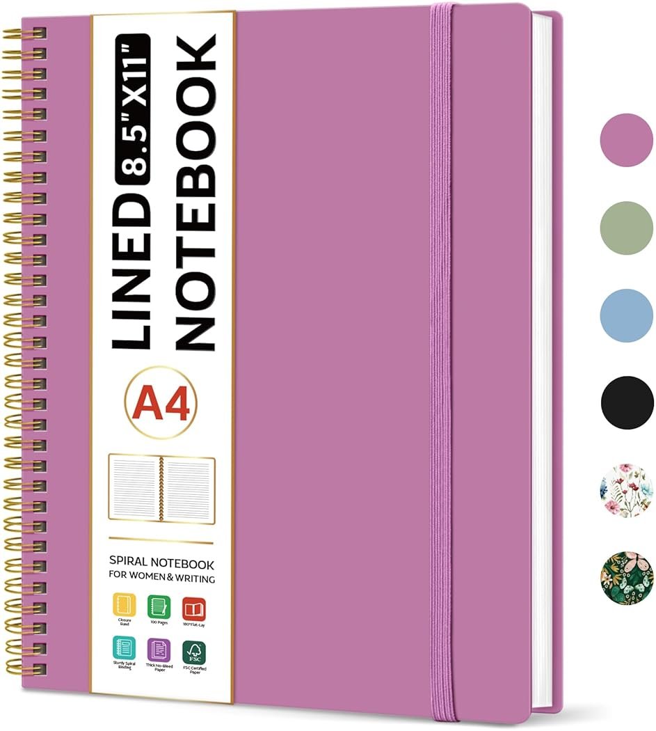 Taja Spiral Lined Notebook, 8.5"x11" Notebooks for Work, Large A4 Journal for Women & Men, College Ruled Journaling Notebook for Writing, Plastic Cover Spiral Journal, Purple - Product Image