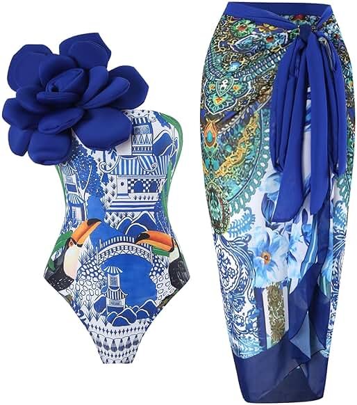 YUNIDMEIM One Shoulder Swimsuits for Women 3D Flower Decoration One Piece Swimsuit with Cover up Set - Product Image