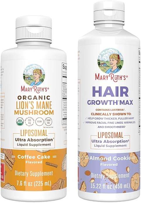 MaryRuth Organics Lion's Mane Liposomal (Coffee Cake) & Hair Growth MAX (Almond Cookie) | Clean Label Project Verified® | Vitamins for Cognitive Support, Beauty, and Overall Health | Vegan, Non-GMO - Product Image
