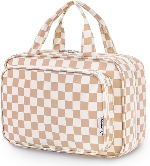 Narwey Travel Toiletry Bag for Women Large Hanging Makeup Bag Organizer Toiletries Bag for Full Size Essentials Accessories Cosmetics (Light Checkerboard (Large)) - Product Image