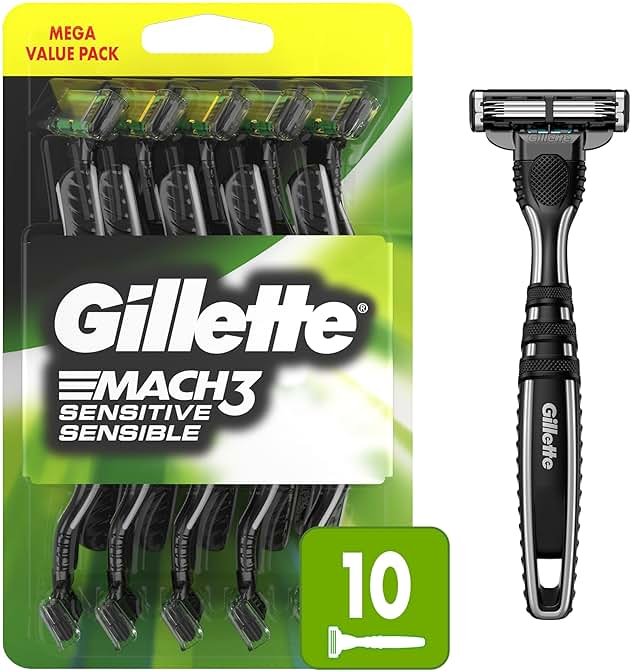 Gillette Mach3 Sensitive Razors for Men, Men’s Disposable Razors, Pivoting Head for Close and Comfortable Shave, 10 Count - Product Image