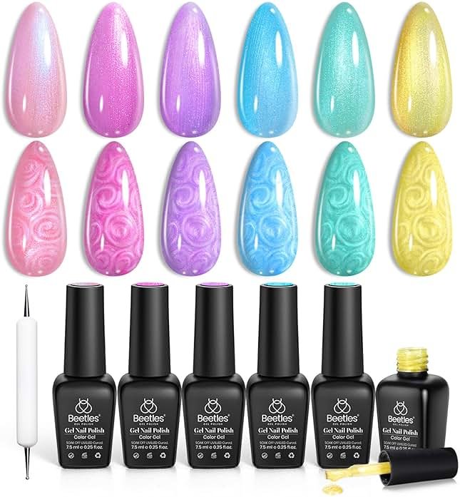 Beetles Pearl Gel Nail Polish Set - 6 Colors Summer Pink Yellow Green Purple Blue Iridescent Rainbow Shimmer Nail Polish Soak Off Uv Mermaid Gel Swirl Shell Thread Effect DIY Spring Gift for Women - Product Image