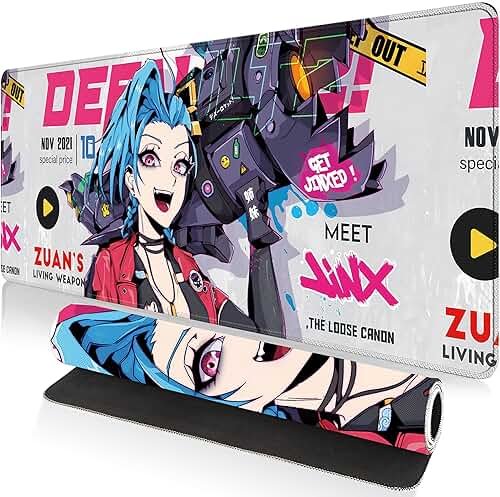 Large Gaming Mouse Pad 31.5 x 11.8 Inches XXL Extended for Mouse and Keyboard Non-Slip and Water Resistant Surface with Anime Cute Girl Design Jinx Ideal for Competitive Gaming League (White Jinx) - Product Image