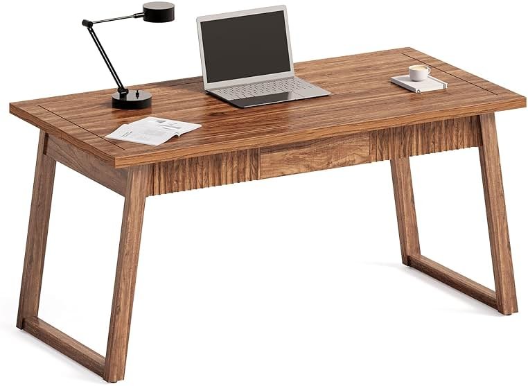 LITTLE TREE 55-Inch Home Office Desk with Drawer, Modern Minimalist Style Wooden Simple Study Writing Table, Mid-Century Log Executive Desk, Computer Desk, PC Laptop Desk Workstation, Walnut Brown - Product Image