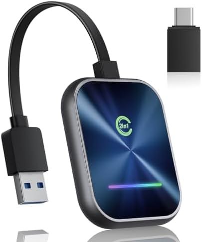 Wireless CarPlay Adapter for iPhone , 2 in 1 Wireless CarPlay & Android Auto Adapter Converts Factory Wired CarPlay to Wireless, Plug and Play Car Play Wireless Adapter, Compatible iPhone/Android - Product Image