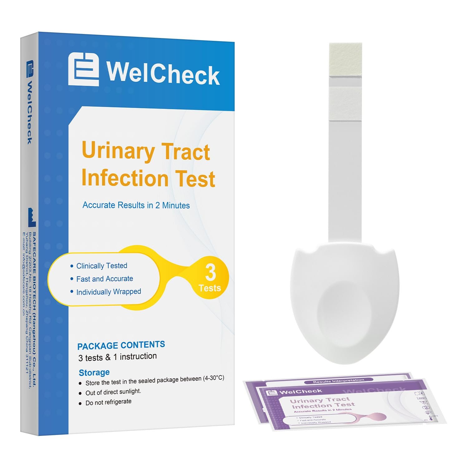 WelCheck UTI Test Strips, Urinary Tract Infection Test for Home Use, Quick Accurate Results in 2 Min, Detects Leukocytes & Nitrite, Individually Packaged, 3 Pack - Product Image