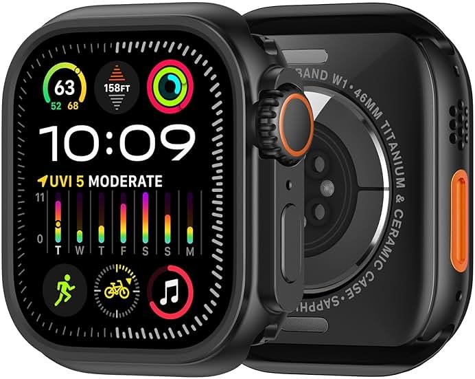 amBand for Apple Watch Series 10 11 46mm Metal Case Men, W1 Rugged Protective Bumper [Turn iWatch into Ultra 3/2/1 Look] with Back Cover, Upgrade Conversion Kit Stylish Protector 46 mm - Black - Product Image