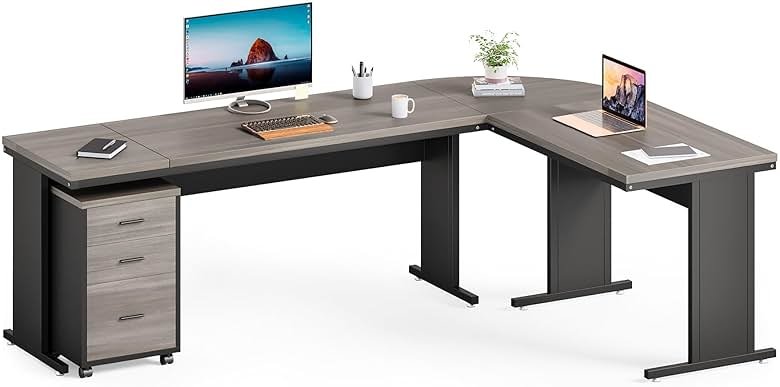 LITTLE TREE 82.67" Long Executive Desk with Drawers, Large L-Shaped Office Desk with Mobile File Cabinet, Farmhouse Computer Office Furniture Work Desk with Storage for Home Office, Gray - Product Image