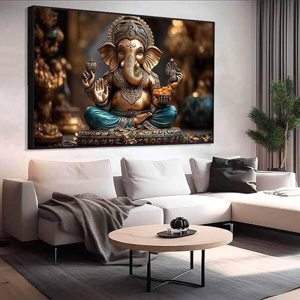 Lord Ganesha Canvas Wall Art, Ganesha Canvas Print, Hindu God Lord Ganesha Print, Indian Wall Decor, Ganesha Buddha Wall Art, Meditation Wall Art, Spiritual Wall Decor, Home Wall Decor (Black Framed, 48"x32"|122x82cm) - Product Image