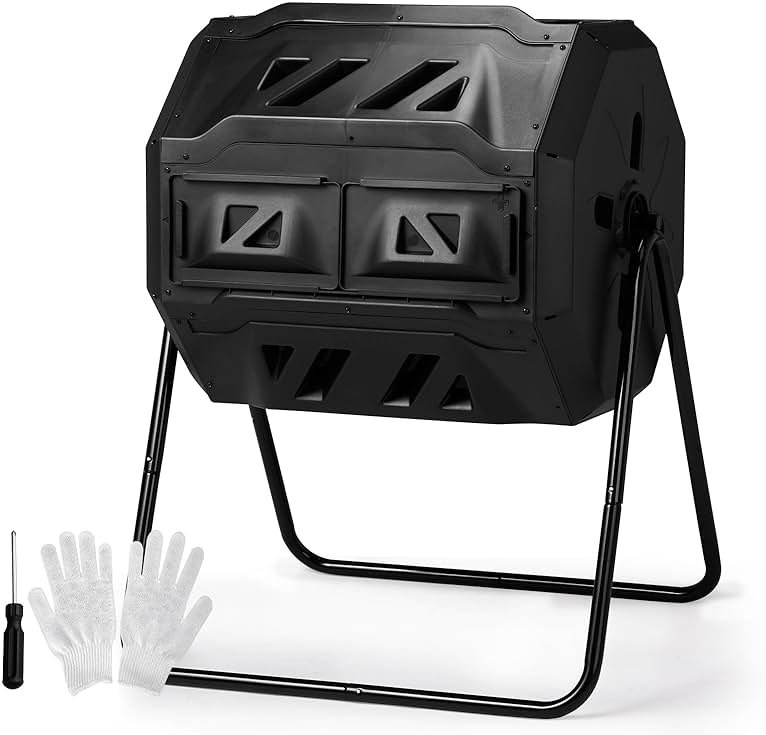 Outvita Compost Bin Outdoor, 43 Gallon Dual Chamber Tumbling or Rotating Composting Bin with Sliding Doors, Tumbler Rotating Batch Composter Bin for Garden Kitchen Yard - Product Image