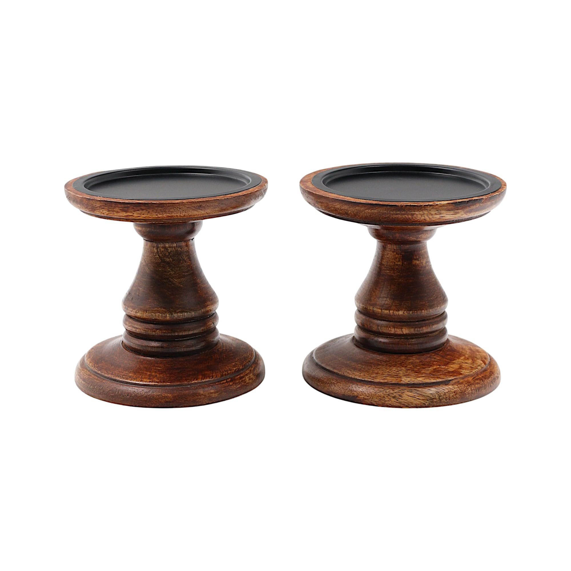 Hosley Set of 2 Brown Wood Pillar Candle Holders 5 Inch High Ideal Gift for Weddings Bridal Party Spa Reiki Meditation Votive LED Pillar Candle Gardens - Product Image