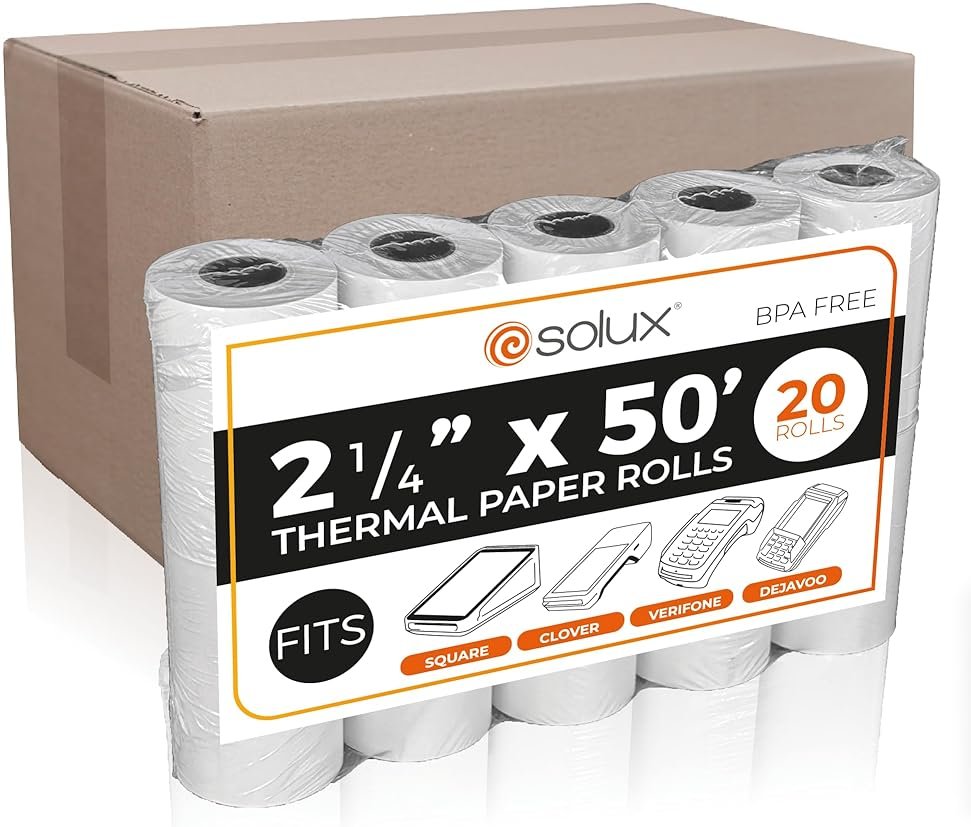 SOLUX 2 1/4 x 50 Thermal Paper Roll for Square Terminal, Clover Flex, Dejavoo Z8 Z9 Z11, Verifone Vx520, Ingenico ICT220 ICT250, FD400 - Credit Card Machine Receipt Paper (20 ROLLS) - Product Image