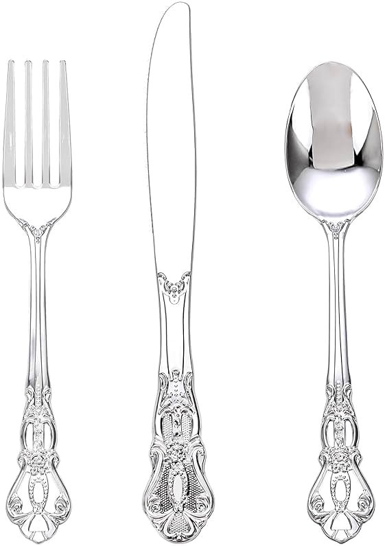 Joyido 90PCS Silver Plastic Silverware - Heavy Duty Silver Disposable Cutley - Fancy Plastic Utensils Flatware Include 30 Forks, 30 Spoons, 30 Knives for Catering, Parties, Dinners, Weddings - Product Image