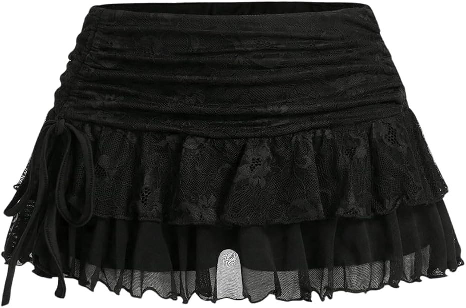 SHENHE Women's Lace Mini Skirt Y2k Low Rise Ruched Layered Ruffle Skirt - Product Image