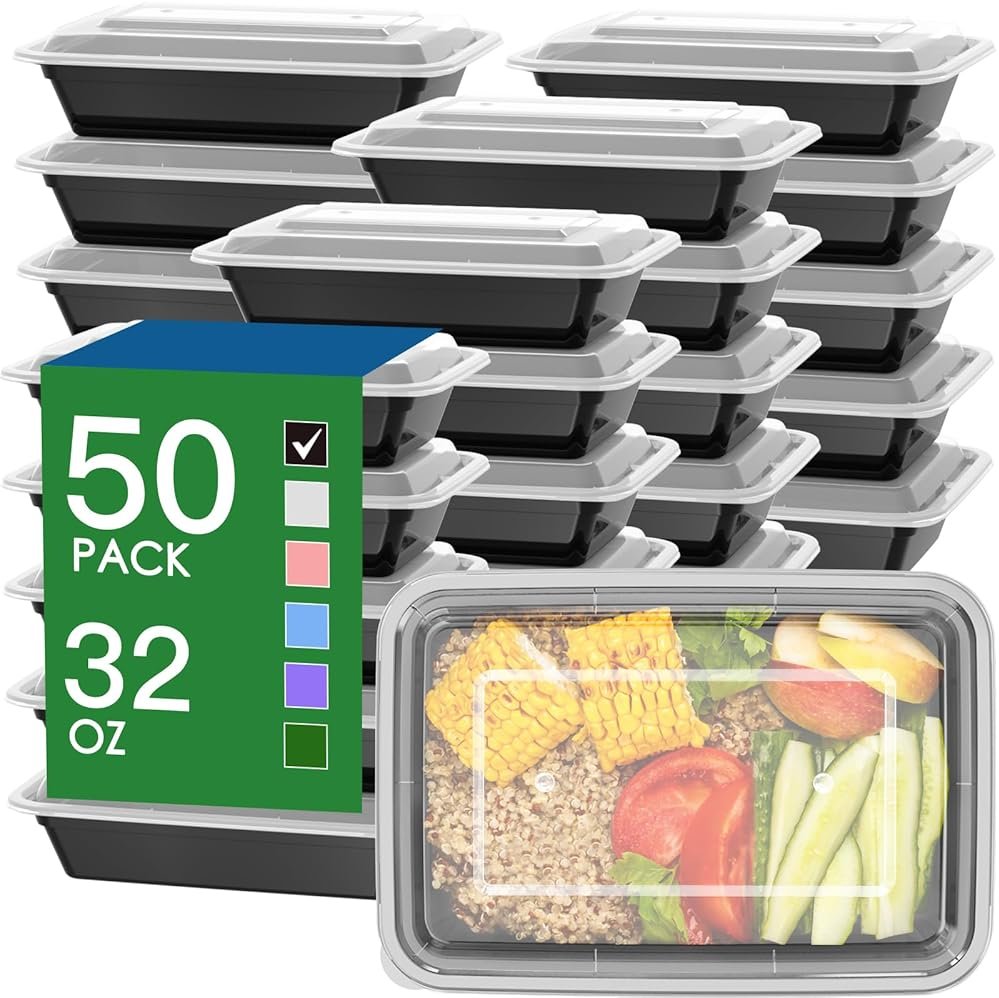 50 Pack (100-Piece) 32 oz Meal Prep Containers Reusable with Easy Open Lids, Sturdy Leakproof Food Safe, Microwave Freezer Dishwasher Safe, To Go Take Out Plastic Food Storage Pans with Lids, Black - Product Image