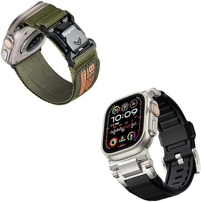 Bandletic Fidlock R-Nylon Magnetic Band + R-Steel FKM Band for Apple Watch Ultra 2 (42mm, 44mm, 45mm, 46mm, 49mm) - Green, Modern, Rally Design with Magnetic Quick-Release and Hook and Loop Closure - Product Image