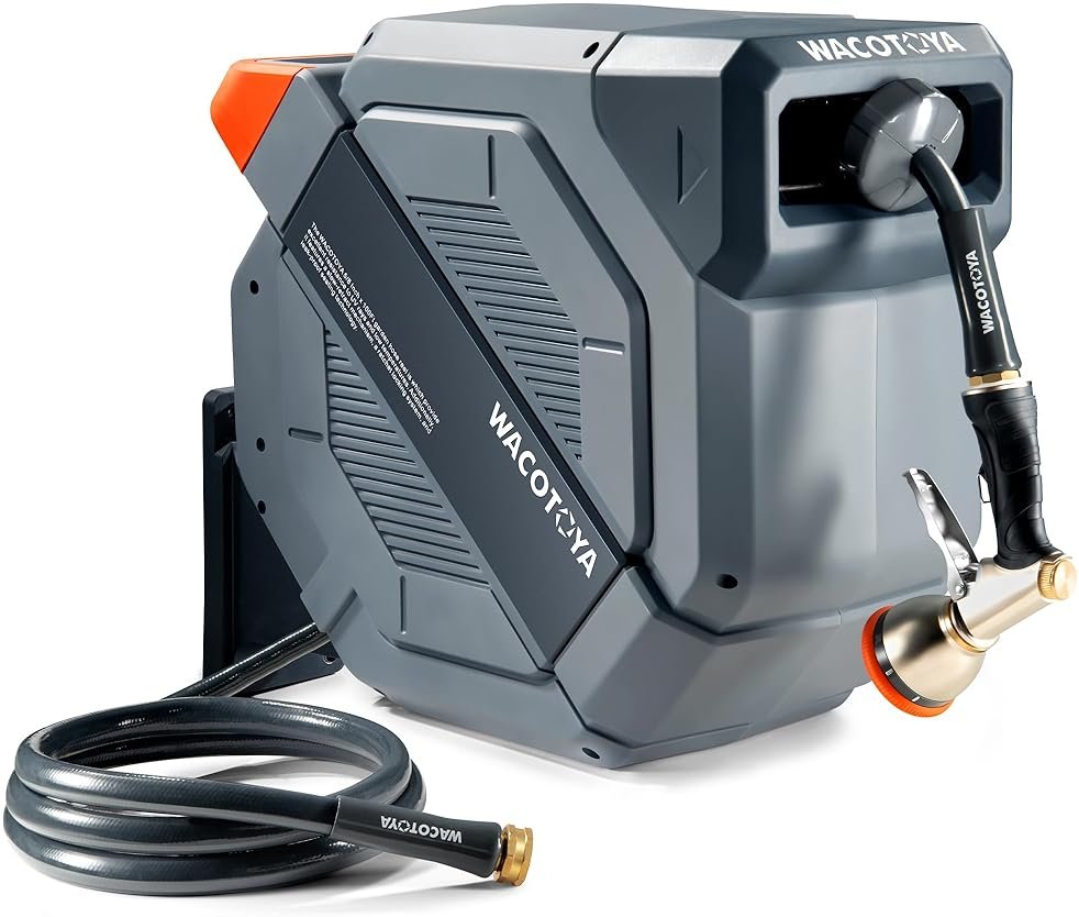 Retractable Garden Hose Reel, 5/8 in x100 ft Heavy Duty Wall Mount Water Hose Reel with Metal Bracket & 9-Pattern Metal Nozzle, Any Length Lock, Slow Retraction and 180° Swivel - Product Image