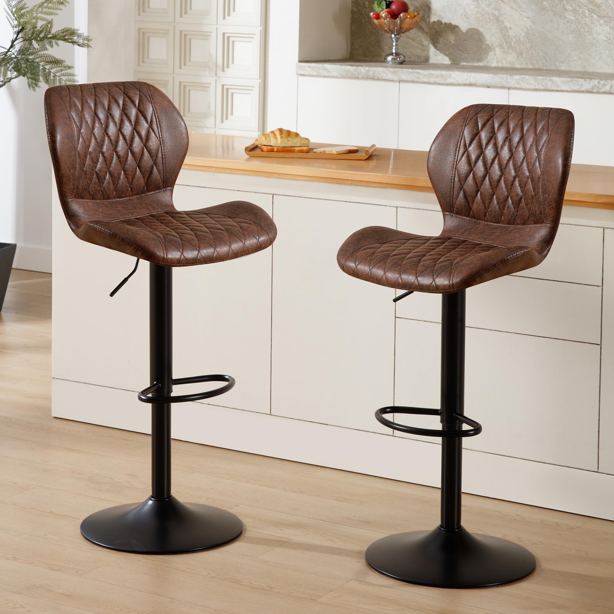 HOMYKA Bar Stools Set of 2, Modern Swivel Counter Height Barstools for Kitchen Island Chairs, Adjustable Fabric Bar Stools with Back for Kitchen Counter Bar, Brown - Product Image