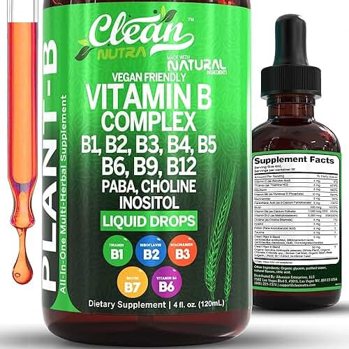 Vitamin B Complex Liquid Drops | Thiamine B1, B6, B2, B3, B4, B5, B7 B9, B12, Niacinamide, Paba, Choline Inositol Taurine Probiotics Beet Root Spirulina - Plant-B Vitamin Supplements by Clean Nutra - Product Image