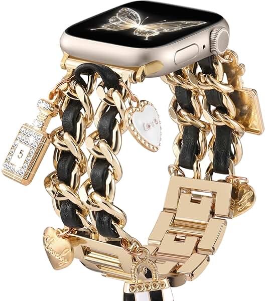 Stylish Metal Band Compatible with Apple Watch Bands for Women 40mm 38mm 41mm 44mm 42mm 45mm 46mm,Pretty Chain Strap with Apple Watch Accessories Charms for iWatch Series 11 10 9 8 7 6 5 4 3 2 1 SE - Product Image