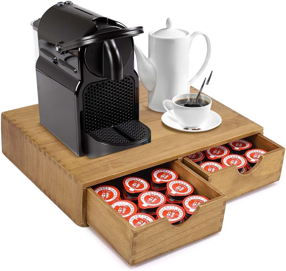 Wooden K Cup Organizer Coffee Pod Storage Box, Coffee Pods and Tea Organizer Holder, Multi Functional Desk Organizer Drawers for K-Cup Coffee Maker Brew, Coffee Station Accessories - Product Image