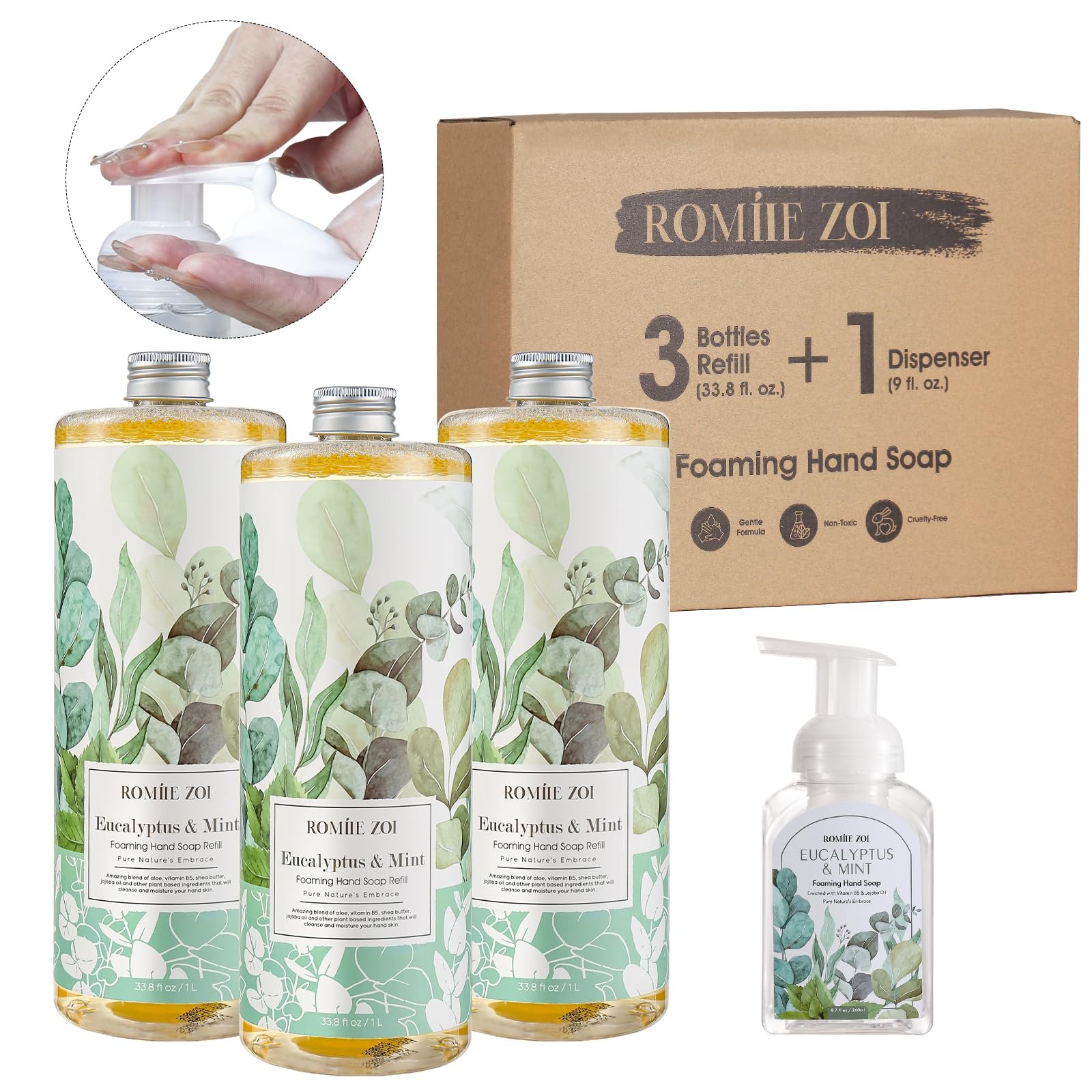 ROMIIE ZOI Eucalyptus & Mint Foaming Hand Soap Refills with Reusable Pump Dispenser - Natural & Cruelty-Free, Gentle & Moisturizing - Large Bottle Bulk for Home & Kitchen-1L/33.8oz (Pack of 3) - Product Image