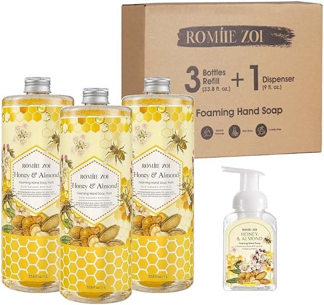 ROMIIE ZOI Foaming Hand Soap Refill- Natural Honey & Almond Fragrance Gentle & Moisturizing Formula Hand Soap Refills with Dispenser for Home & Kitchen, 1 L/ 33.8 FL OZ pack of 3 - Product Image