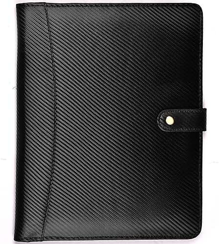 LEATHER VILLAGE Portfolio Professional Organizer – Carbon Fiber Genuine Leather Padfolio Resume Folder for A4 Letter Pad with Pen Holder, Business Card Slots – Ideal for Men & Women - Black - Product Image
