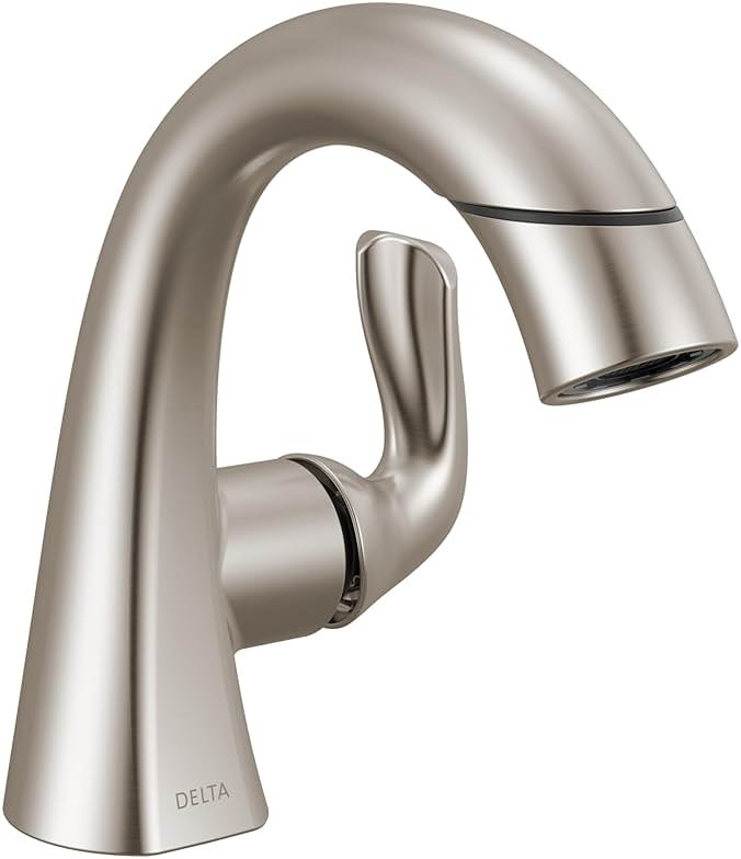Delta Arvo 1 Hole Pull Down Bathroom Faucet with Sprayer, Brushed Nickel Single Hole Bathroom Sink Faucet with Pull Out Sprayer for Vanity, Push-Pop Drain, SpotShield Stainless 15840LF-SPPD - Product Image