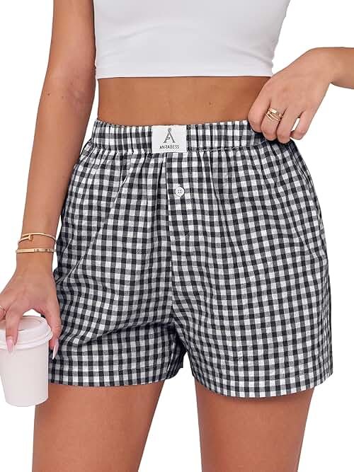 ANRABESS Boxer Shorts for Women Gingham Pajama 2026 Summer Casual Lounge Sleep Plaid Shorts Y2K Beach Bottoms - Product Image