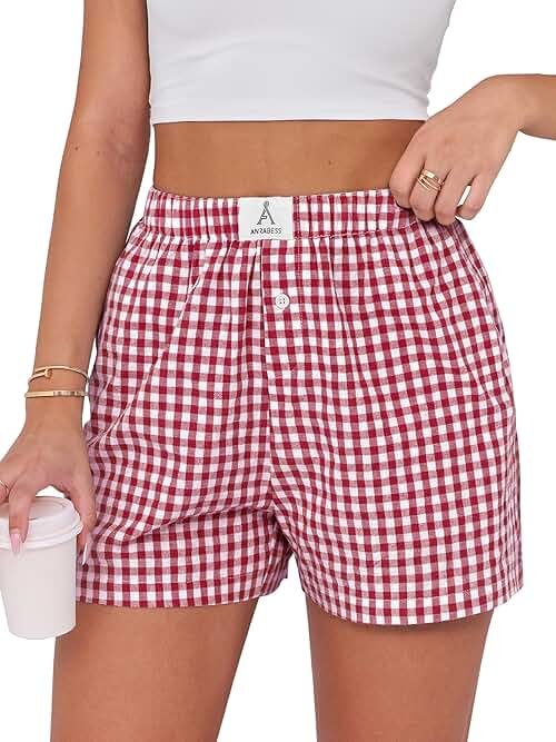 ANRABESS Boxer Shorts for Women Gingham Pajama 2026 Summer Casual Lounge Sleep Plaid Shorts Y2K Beach Bottoms - Product Image