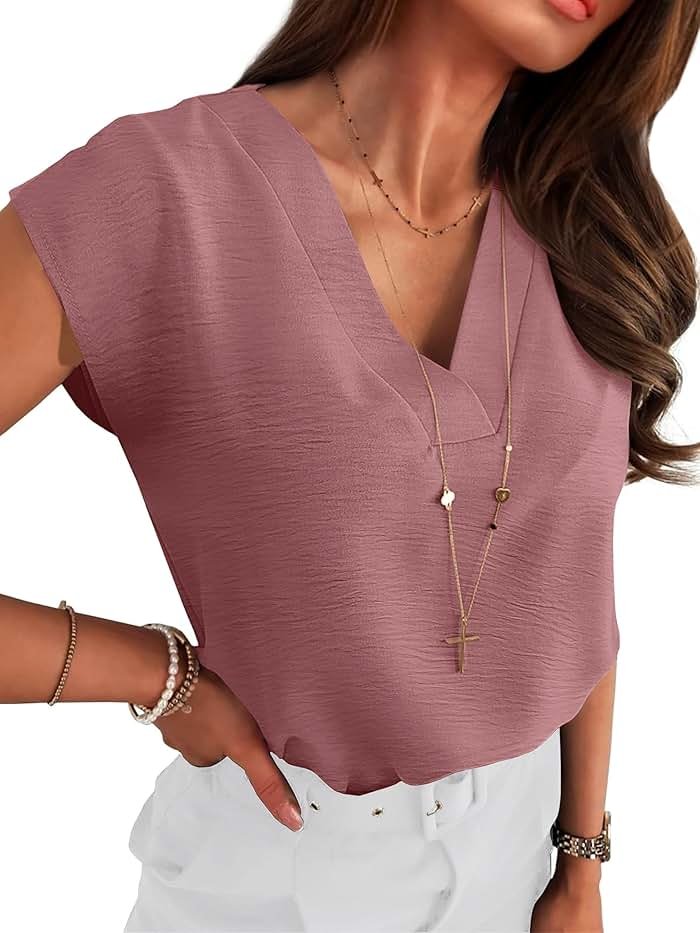 ANRABESS Women Tops Cap Sleeve Dressy Casual V Neck Shirts 2026 Summer Business Work Blouses Outfits Trendy Spring Clothing - Product Image