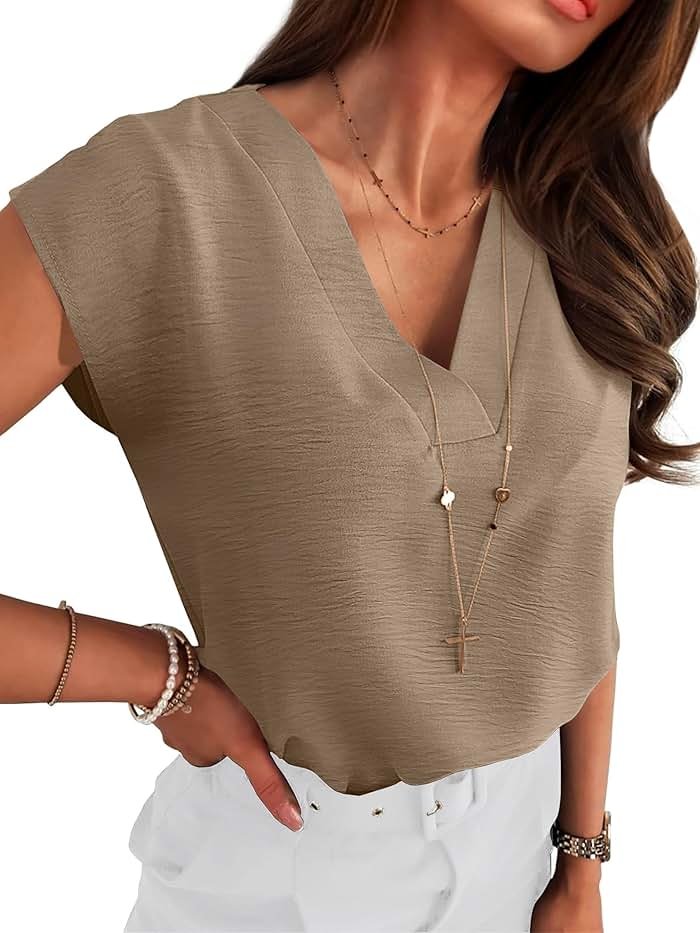 ANRABESS Women Tops Cap Sleeve Dressy Casual V Neck Shirts 2026 Summer Business Work Blouses Outfits Trendy Spring Clothing - Product Image